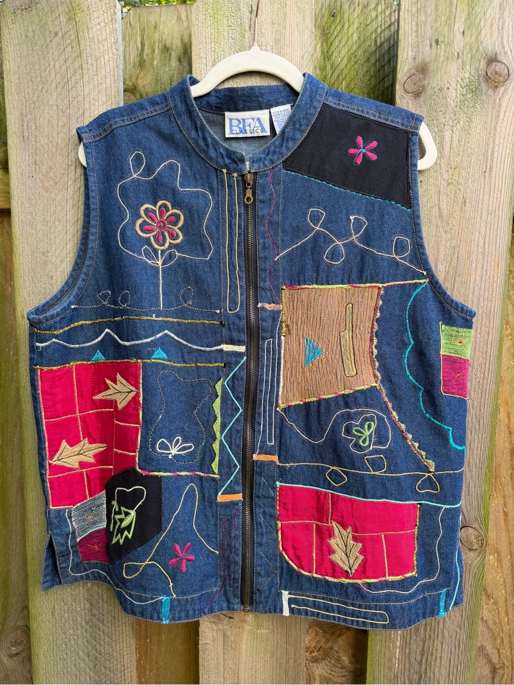 Vintage BFA Classics Embroidered Denim Patchwork Vest Zip Up Size XLP Boho